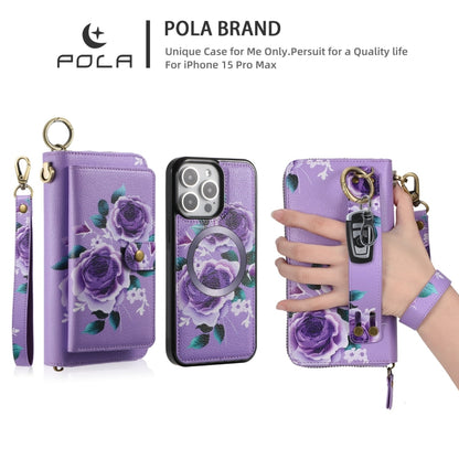 For iPhone 15 Pro POLA MagSafe Flower Multi-functional Zipper Wallet Leather Phone Case(Purple) by bashfashion