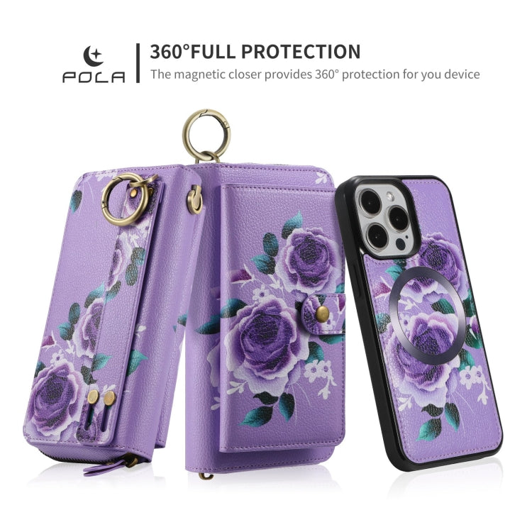 For iPhone 15 Pro POLA MagSafe Flower Multi-functional Zipper Wallet Leather Phone Case(Purple) by bashfashion