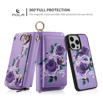 For iPhone 15 Pro POLA MagSafe Flower Multi-functional Zipper Wallet Leather Phone Case(Purple) by bashfashion