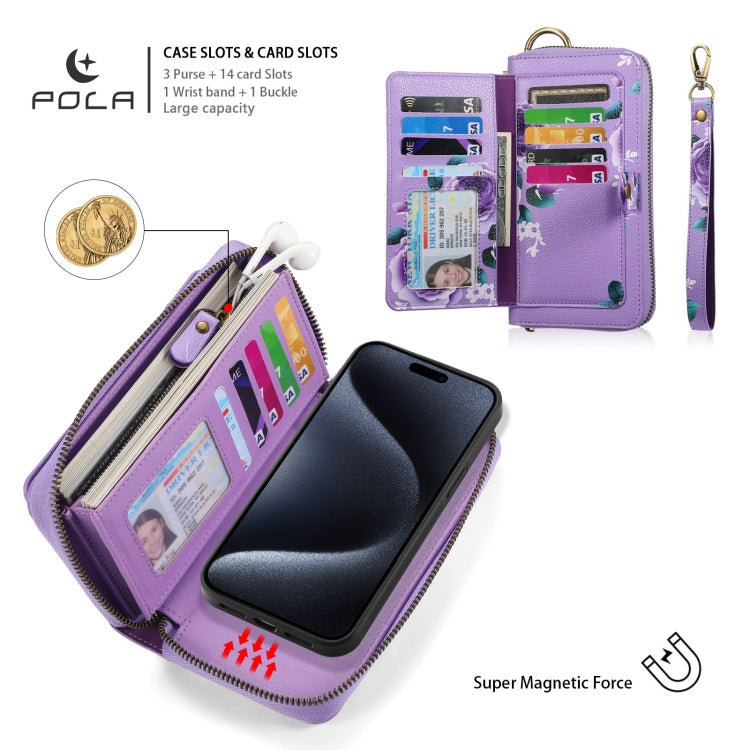 For iPhone 15 Pro POLA MagSafe Flower Multi-functional Zipper Wallet Leather Phone Case(Purple) by bashfashion