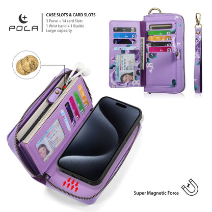 For iPhone 15 Pro POLA MagSafe Flower Multi-functional Zipper Wallet Leather Phone Case(Purple) by bashfashion