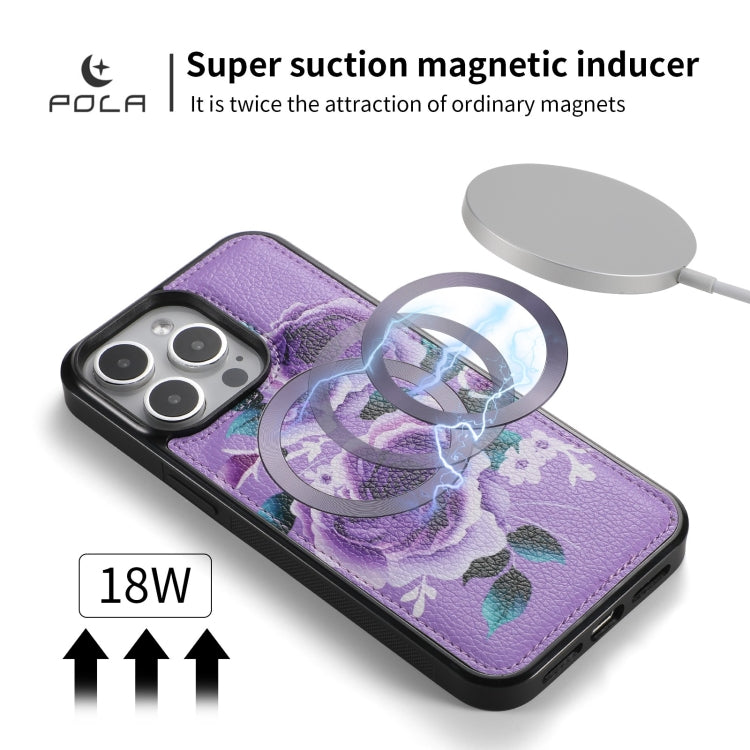 For iPhone 15 Pro POLA MagSafe Flower Multi-functional Zipper Wallet Leather Phone Case(Purple) by bashfashion