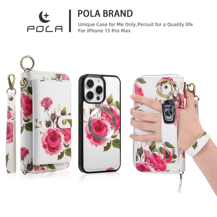 For iPhone 15 Pro POLA MagSafe Flower Multi-functional Zipper Wallet Leather Phone Case(Beige) by bashfashion