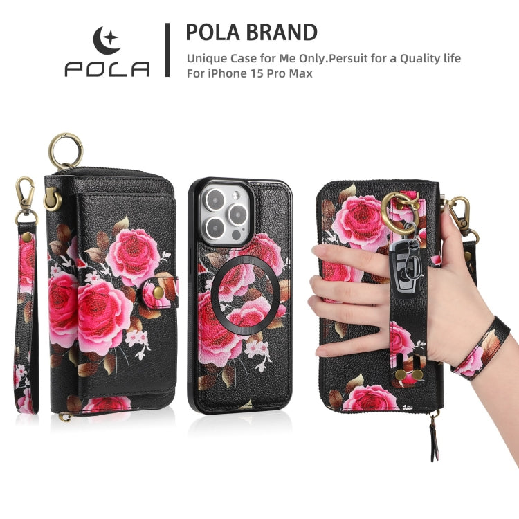 For iPhone 15 Plus POLA MagSafe Flower Multi-functional Zipper Wallet Leather Phone Case(Black) by bashfashion