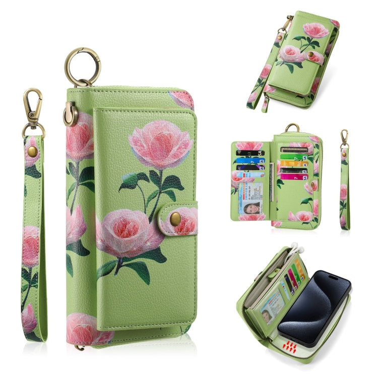 For iPhone 15 Plus POLA MagSafe Flower Multi-functional Zipper Wallet Leather Phone Case(Green) by bashfashion
