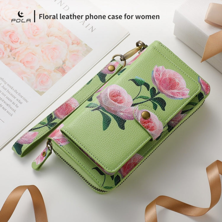 For iPhone 15 Plus POLA MagSafe Flower Multi-functional Zipper Wallet Leather Phone Case(Green) by bashfashion