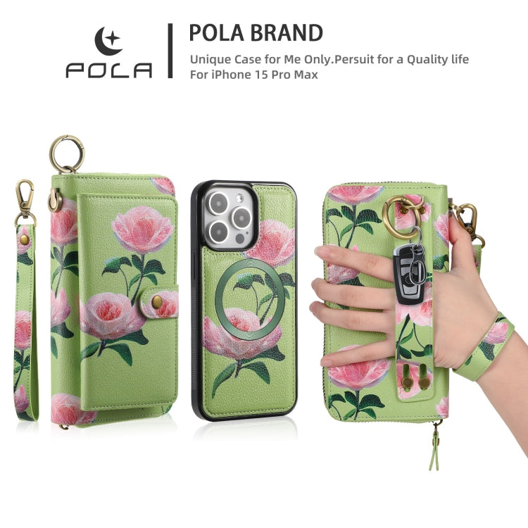 For iPhone 15 Plus POLA MagSafe Flower Multi-functional Zipper Wallet Leather Phone Case(Green) by bashfashion