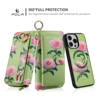For iPhone 15 Plus POLA MagSafe Flower Multi-functional Zipper Wallet Leather Phone Case(Green) by bashfashion