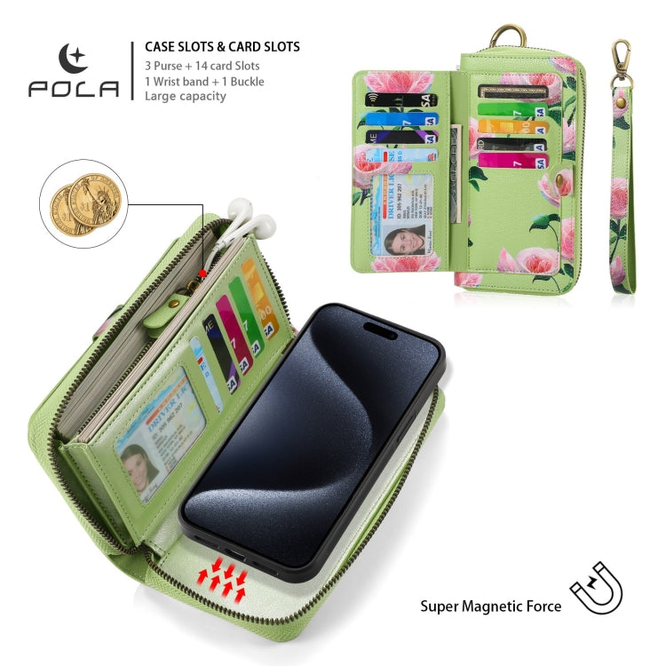 For iPhone 15 Plus POLA MagSafe Flower Multi-functional Zipper Wallet Leather Phone Case(Green) by bashfashion