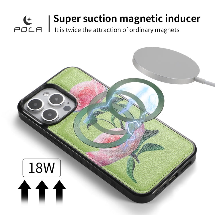 For iPhone 15 Plus POLA MagSafe Flower Multi-functional Zipper Wallet Leather Phone Case(Green) by bashfashion