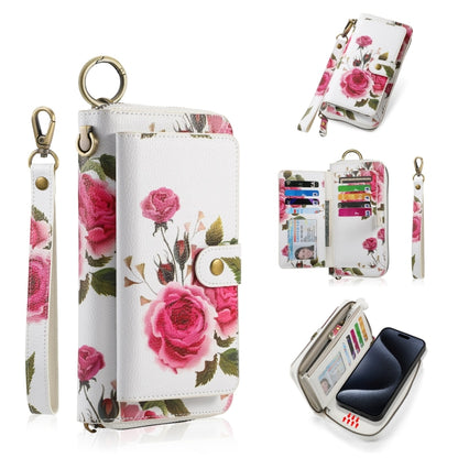 For iPhone 15 Plus POLA MagSafe Flower Multi-functional Zipper Wallet Leather Phone Case(Beige) by bashfashion
