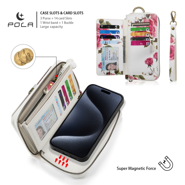 For iPhone 15 Plus POLA MagSafe Flower Multi-functional Zipper Wallet Leather Phone Case(Beige) by bashfashion