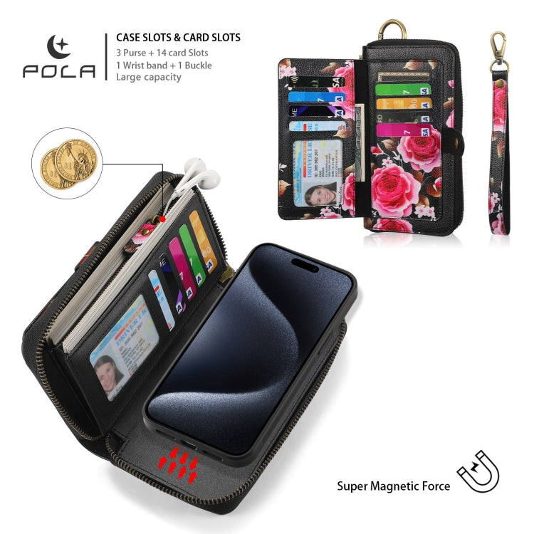 For iPhone 15 POLA MagSafe Flower Multi-functional Zipper Wallet Leather Phone Case(Black) by bashfashion