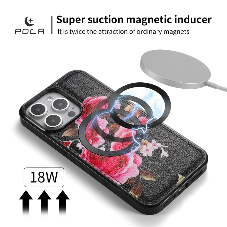 For iPhone 15 POLA MagSafe Flower Multi-functional Zipper Wallet Leather Phone Case(Black) by bashfashion