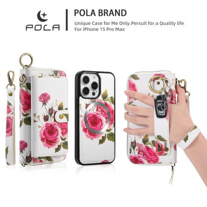 For iPhone 15 POLA MagSafe Flower Multi-functional Zipper Wallet Leather Phone Case(Beige) by bashfashion