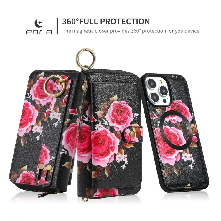 For iPhone 14 Plus POLA MagSafe Flower Multi-functional Zipper Wallet Leather Phone Case(Black) by bashfashion