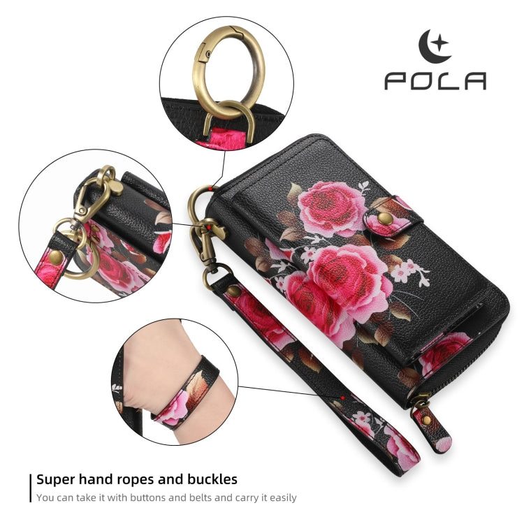 For iPhone 14 Plus POLA MagSafe Flower Multi-functional Zipper Wallet Leather Phone Case(Black) by bashfashion