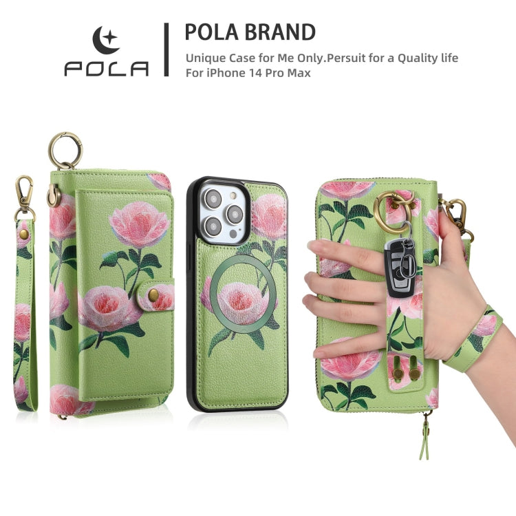 For iPhone 14 Plus POLA MagSafe Flower Multi-functional Zipper Wallet Leather Phone Case(Green) by bashfashion