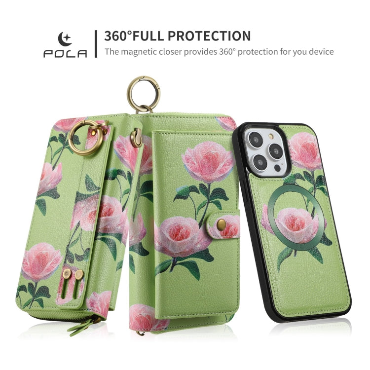 For iPhone 14 Plus POLA MagSafe Flower Multi-functional Zipper Wallet Leather Phone Case(Green) by bashfashion