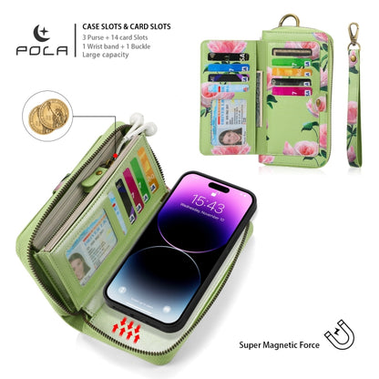 For iPhone 14 Plus POLA MagSafe Flower Multi-functional Zipper Wallet Leather Phone Case(Green) by bashfashion