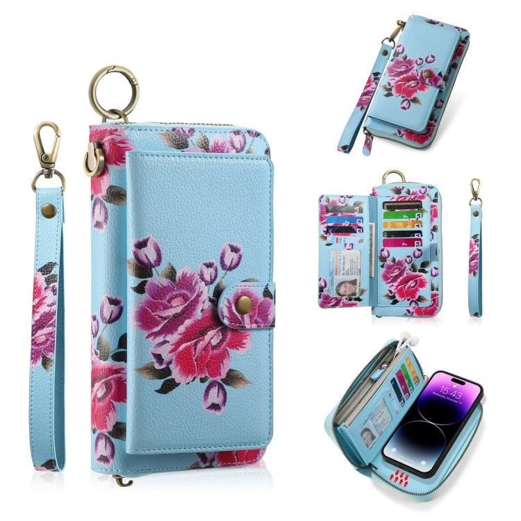 For iPhone 14 Plus POLA MagSafe Flower Multi-functional Zipper Wallet Leather Phone Case(Sky Blue) by bashfashion