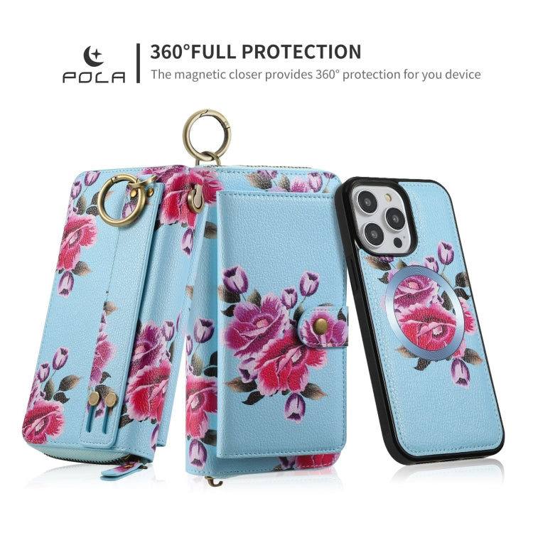 For iPhone 14 Plus POLA MagSafe Flower Multi-functional Zipper Wallet Leather Phone Case(Sky Blue) by bashfashion