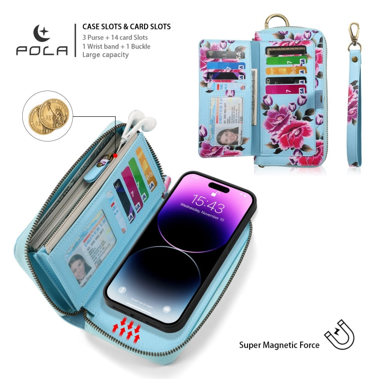 For iPhone 14 Plus POLA MagSafe Flower Multi-functional Zipper Wallet Leather Phone Case(Sky Blue) by bashfashion