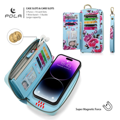 For iPhone 14 Plus POLA MagSafe Flower Multi-functional Zipper Wallet Leather Phone Case(Sky Blue) by bashfashion