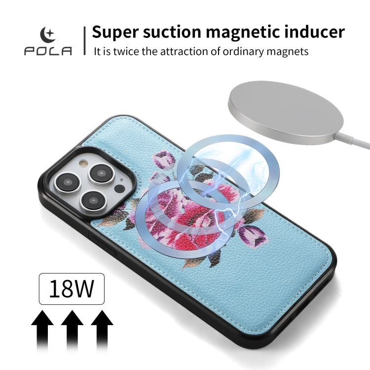 For iPhone 14 Plus POLA MagSafe Flower Multi-functional Zipper Wallet Leather Phone Case(Sky Blue) by bashfashion