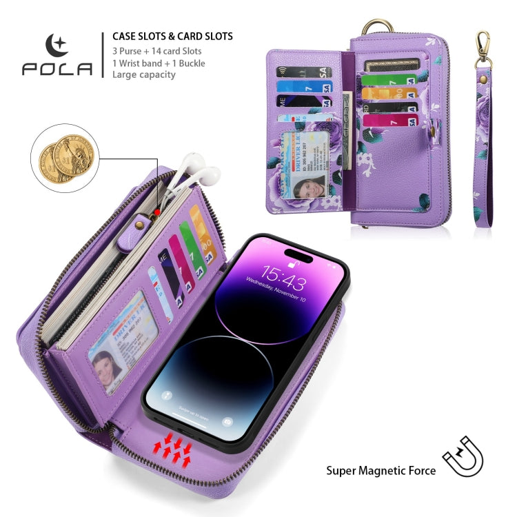 For iPhone 14 Plus POLA MagSafe Flower Multi-functional Zipper Wallet Leather Phone Case(Purple) by bashfashion
