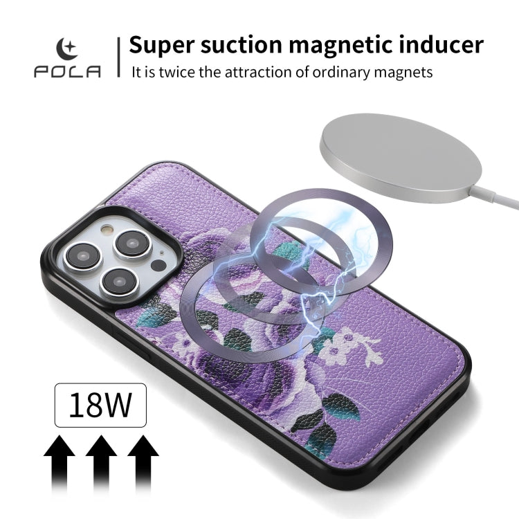 For iPhone 14 Plus POLA MagSafe Flower Multi-functional Zipper Wallet Leather Phone Case(Purple) by bashfashion