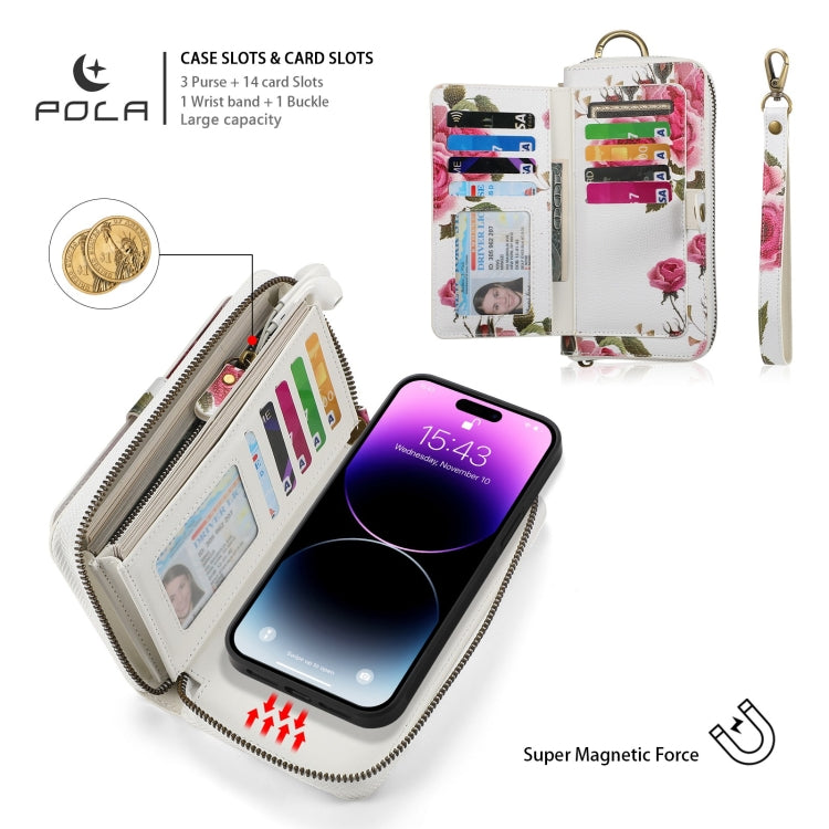 For iPhone 14 Plus POLA MagSafe Flower Multi-functional Zipper Wallet Leather Phone Case(Beige) by bashfashion