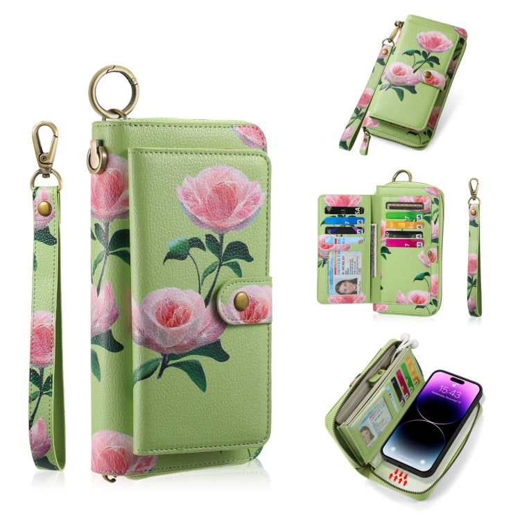 For iPhone 14 POLA MagSafe Flower Multi-functional Zipper Wallet Leather Phone Case(Green) by bashfashion
