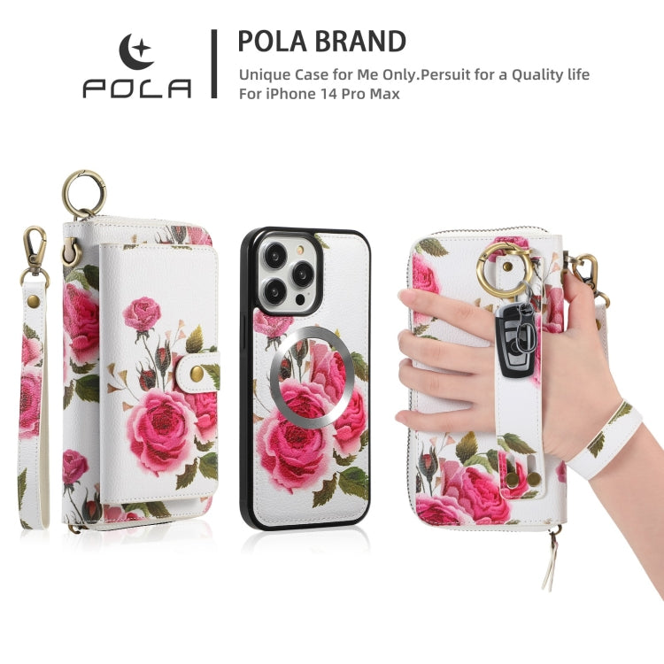 For iPhone 14 POLA MagSafe Flower Multi-functional Zipper Wallet Leather Phone Case(Beige) by bashfashion