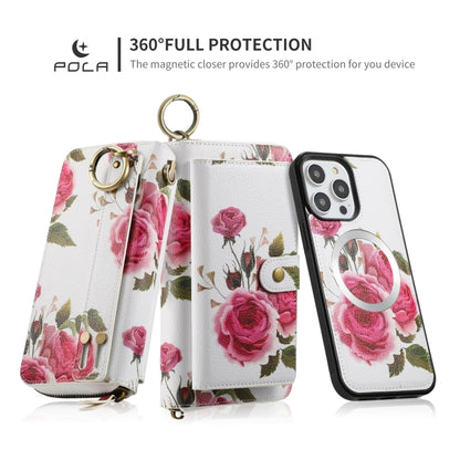 For iPhone 14 POLA MagSafe Flower Multi-functional Zipper Wallet Leather Phone Case(Beige) by bashfashion