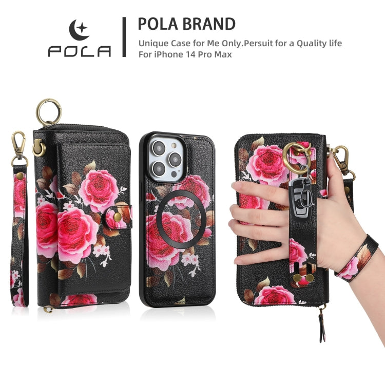 For iPhone 14 Pro POLA MagSafe Flower Multi-functional Zipper Wallet Leather Phone Case(Black) by bashfashion