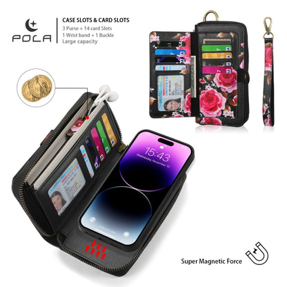 For iPhone 14 Pro POLA MagSafe Flower Multi-functional Zipper Wallet Leather Phone Case(Black) by bashfashion