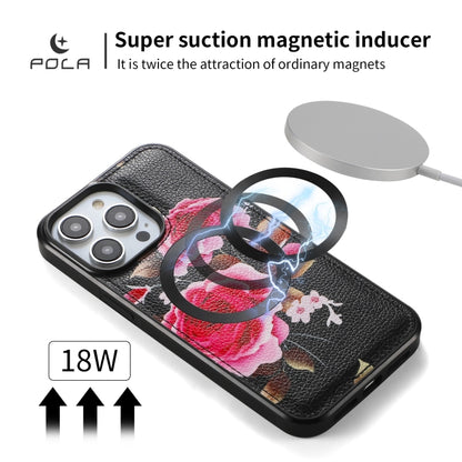For iPhone 14 Pro Max POLA MagSafe Flower Multi-functional Zipper Wallet Leather Phone Case(Black) by bashfashion