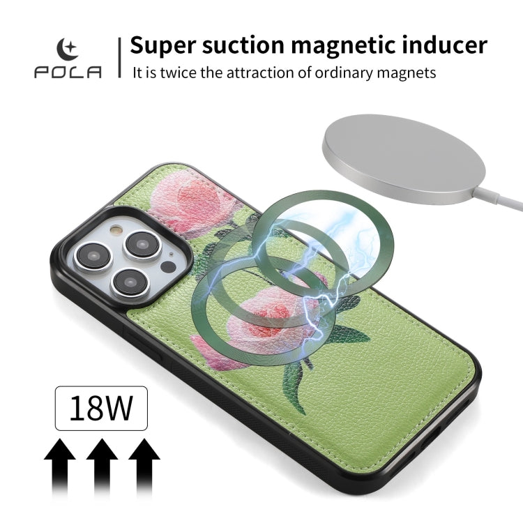 For iPhone 14 Pro Max POLA MagSafe Flower Multi-functional Zipper Wallet Leather Phone Case(Green) by bashfashion