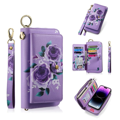 For iPhone 14 Pro Max POLA MagSafe Flower Multi-functional Zipper Wallet Leather Phone Case(Purple) by bashfashion
