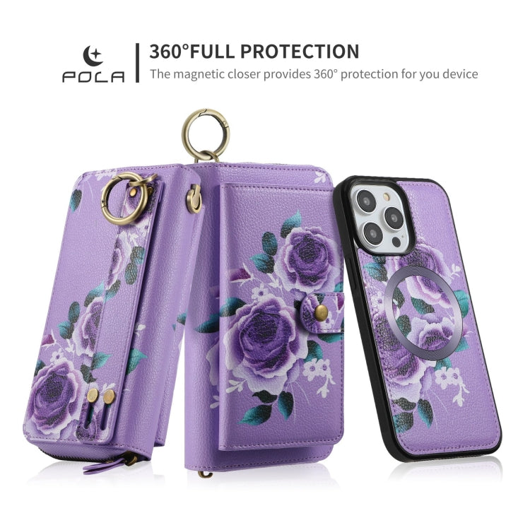 For iPhone 14 Pro Max POLA MagSafe Flower Multi-functional Zipper Wallet Leather Phone Case(Purple) by bashfashion