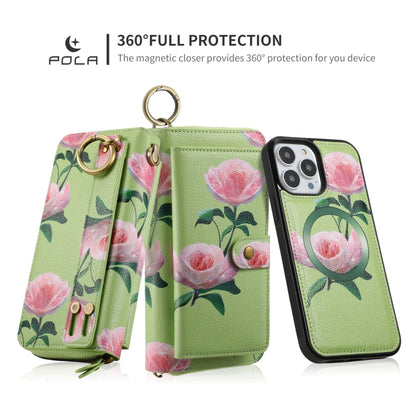 For iPhone 13 Pro Max POLA MagSafe Flower Multi-functional Zipper Wallet Leather Phone Case(Green) by bashfashion