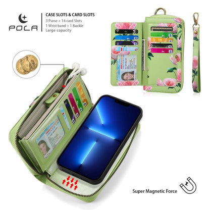 For iPhone 13 Pro Max POLA MagSafe Flower Multi-functional Zipper Wallet Leather Phone Case(Green) by bashfashion