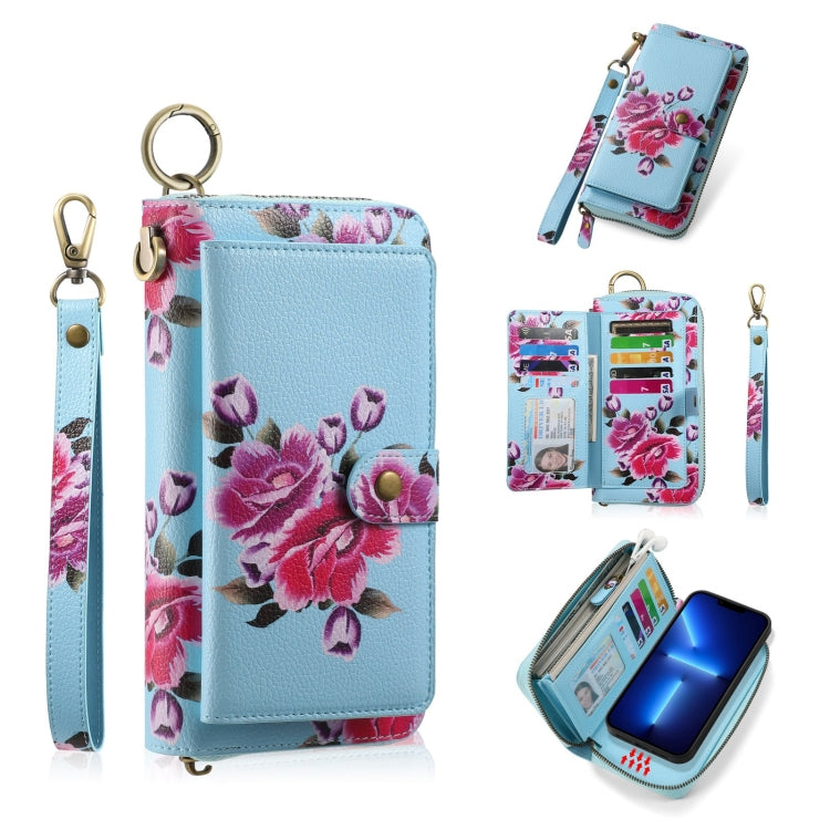 For iPhone 13 Pro Max POLA MagSafe Flower Multi-functional Zipper Wallet Leather Phone Case(Sky Blue) by bashfashion