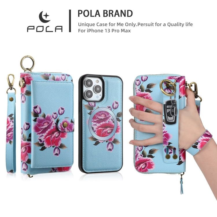 For iPhone 13 Pro Max POLA MagSafe Flower Multi-functional Zipper Wallet Leather Phone Case(Sky Blue) by bashfashion