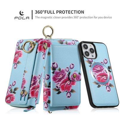 For iPhone 13 Pro Max POLA MagSafe Flower Multi-functional Zipper Wallet Leather Phone Case(Sky Blue) by bashfashion