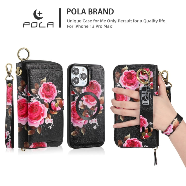 For iPhone 13 Pro POLA MagSafe Flower Multi-functional Zipper Wallet Leather Phone Case(Black) by bashfashion