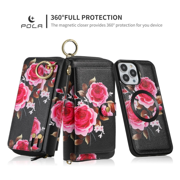 For iPhone 13 Pro POLA MagSafe Flower Multi-functional Zipper Wallet Leather Phone Case(Black) by bashfashion