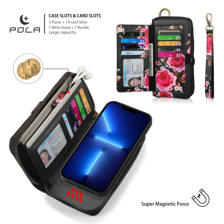 For iPhone 13 Pro POLA MagSafe Flower Multi-functional Zipper Wallet Leather Phone Case(Black) by bashfashion