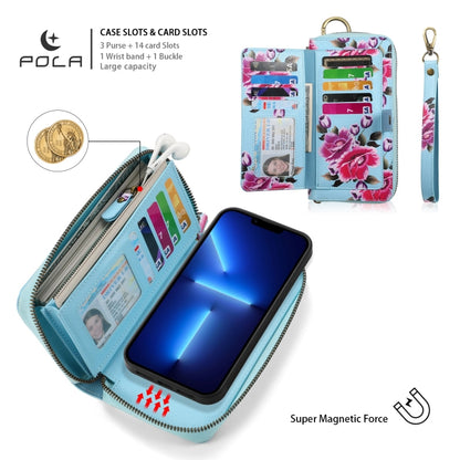 For iPhone 13 Pro POLA MagSafe Flower Multi-functional Zipper Wallet Leather Phone Case(Sky Blue) by bashfashion